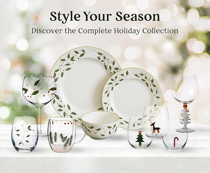 Gusto Buono Christmas World Porcelain 12Pcs Dinnerware Set – Red & Green Holly Leaf Design | 4 Cereal Bowls (5.5”), 4 Salad Plates (7.5”), 4 Dinner Plates (10.5”) - Perfect for Holiday Meals