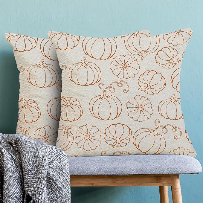 Fall Pillow Covers 18 x 18 Inch, Burnt Orange Pumpkin Decor Throw Pillows for Home Couch Bed, Autumn Harvest Thanksgiving Decorative Pillowcase Linen Cushion Cover Set of 2