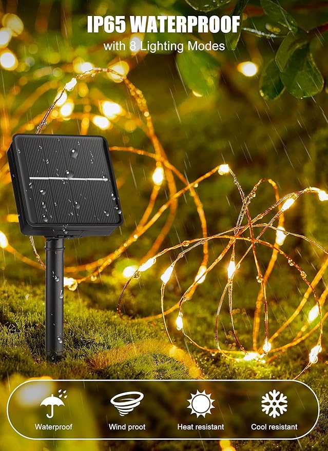 Minetom Solar String Lights for Outside, 33Ft 100 LED Outdoor Solar Fairy Lights, 8 Modes Balcony Lights for Tree Patio Christmas Party Wedding Decor (Warm White)