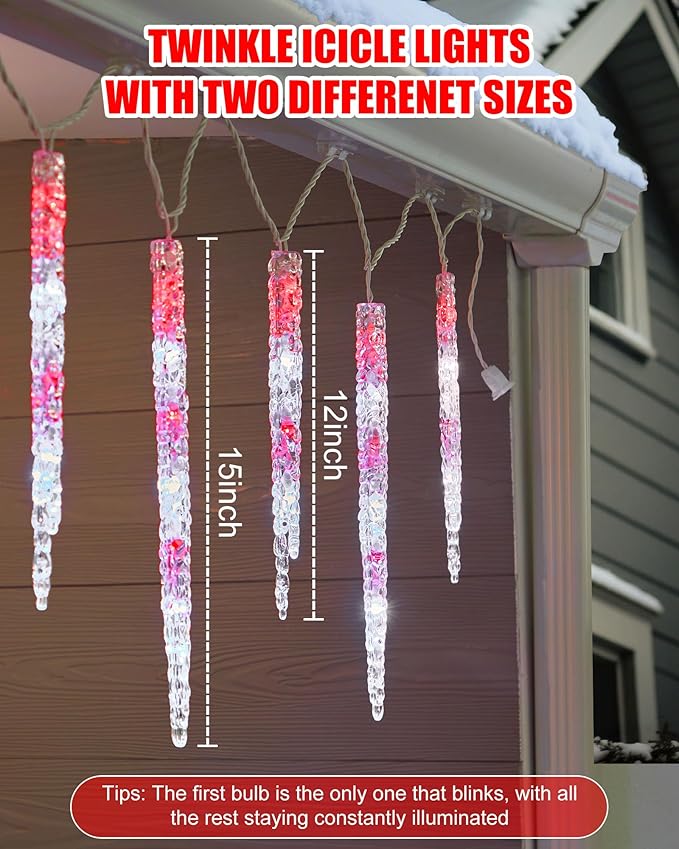 Minetom Icicle Lights Outdoor with Clips, 20ft 100 LED 20 Tubes Twinkling Crystal Icicle String Lights, Connectable Waterproof Hanging Christmas Decorations Plug in for Outdoor, Red and White