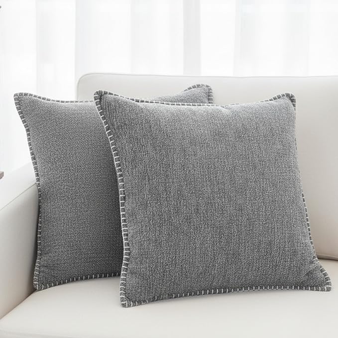 Stitched Edge Soft Throw Pillow Covers Dark Grey 20x20 inches Set of 2 Textured Velvet Gray Chenille Cushion Covers Farmhouse Decorative Pillow Covers for Living Room, Chairs, Couch
