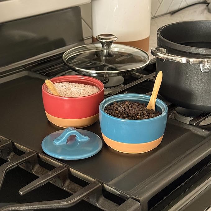 Mora Ceramic Salt and Pepper Cellar Set with Lid - 10 oz Modern Canister/Container/Bowl for Storage, Sea Salt, Spice, Sugar, Countertop - Small Dish/Jar with Wood Spoon, Azure Blue & Crimson Red Crock