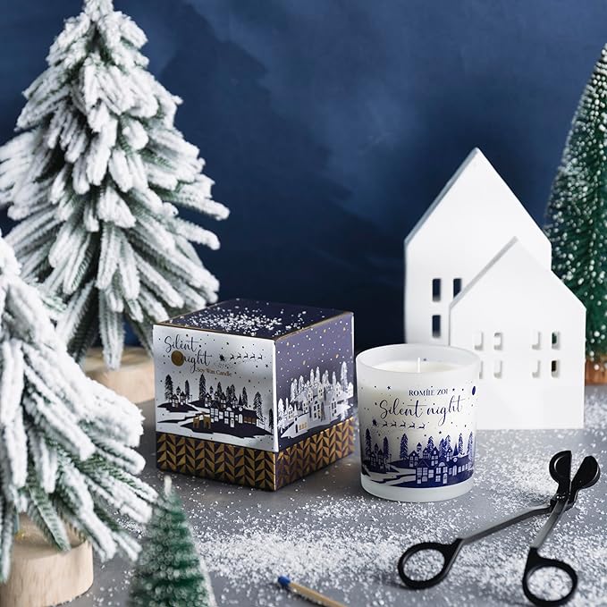 ROMIIE ZOI Christmas Scented Candle - 6oz Soy Wax Candle, Silent Night, Infused with Fresh-Cut Spruce Branches Aroma - Navy Blue Gift Box Packaged for Christmas Holiday Season Gift