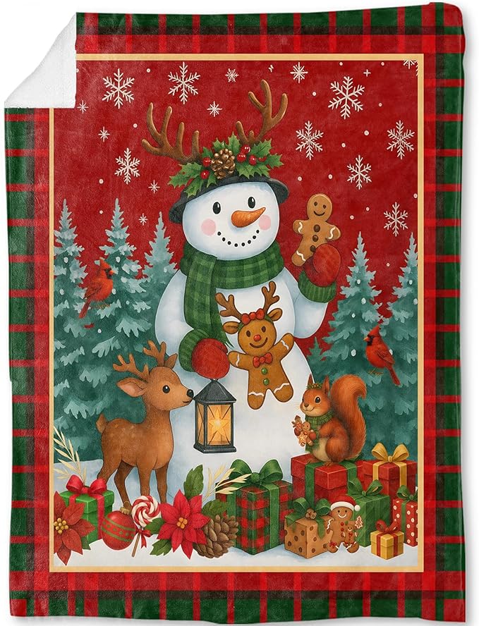Snowman Christmas Decorative Throw Blanket, Red Green Plaid Border Print Decoration, Soft Flannel Cute Winter Blankets for Couch Sofa, Holiday Home Decor, Rustic Xmas Festival Gifts 40x50 Inch
