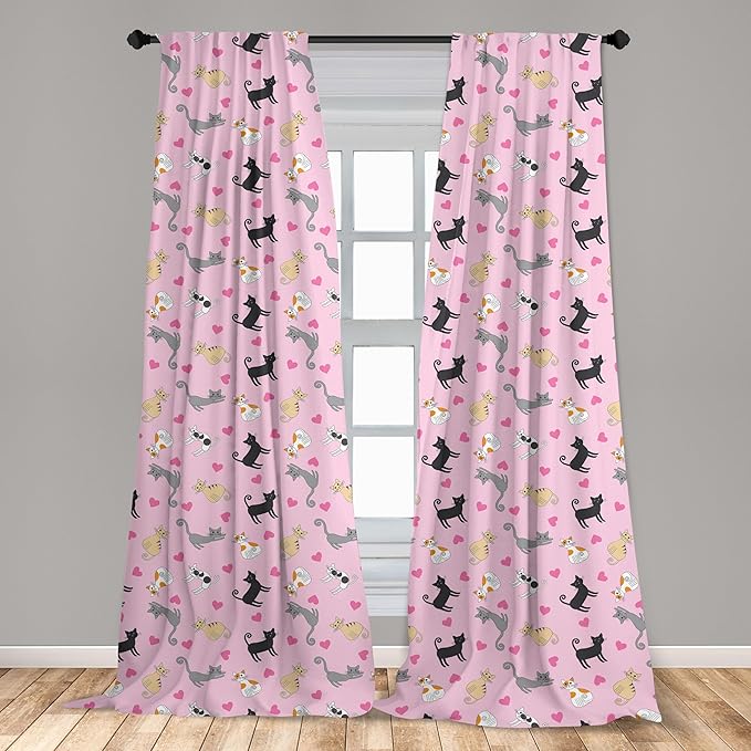 Ambesonne Kitty Curtains, Cats in Colorful Design and Patterns Among Pink Hearts Resting Happy Stretching, Window Treatments 2 Panel Set for Living Room Bedroom, Pair of - 28" x 84", Soft Pink