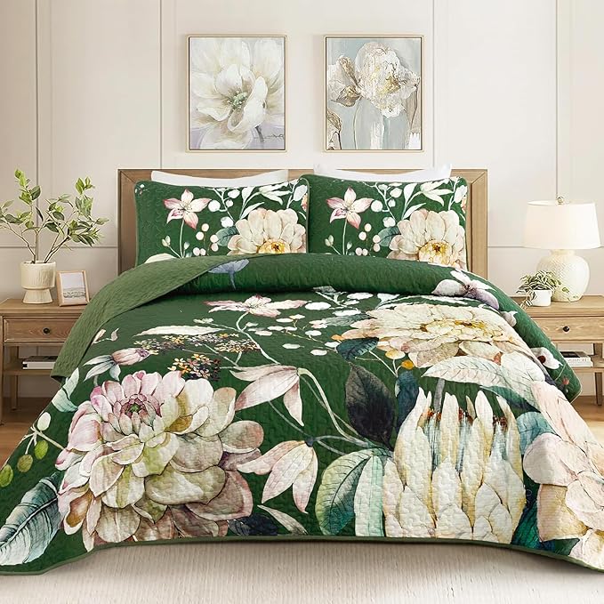 Drucon Floral Quilt King Size - 3 Pieces Green Quilt Botanical Bedspread Soft Lightweight Flower Bedding Set for All Season (104"x90")