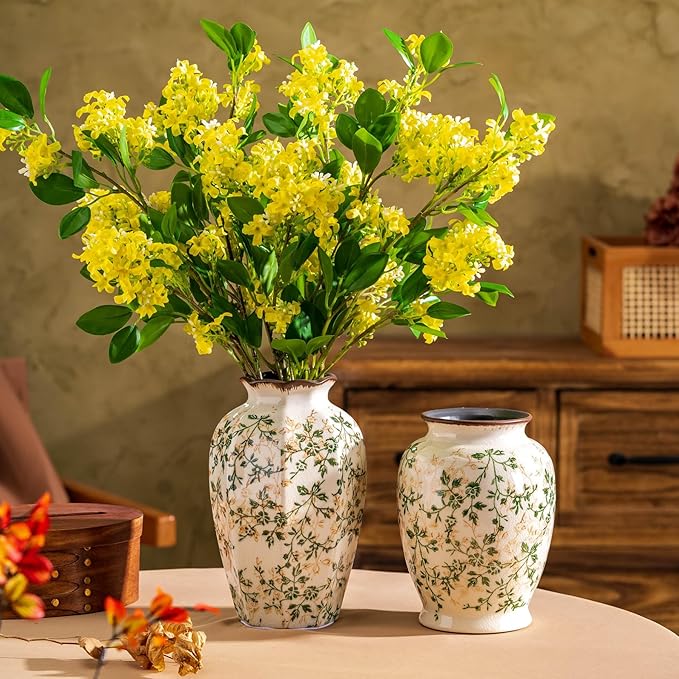 Vintage Pastoral Octagonal Vase, Green and Beige Retro Ceramic Flower Vase, Rustic Farmhouse Vases Chinoiserie Floral Large Vase for Home Decor, Living Room, Kitchen, Bedroom and Shelf 9.1 Inch
