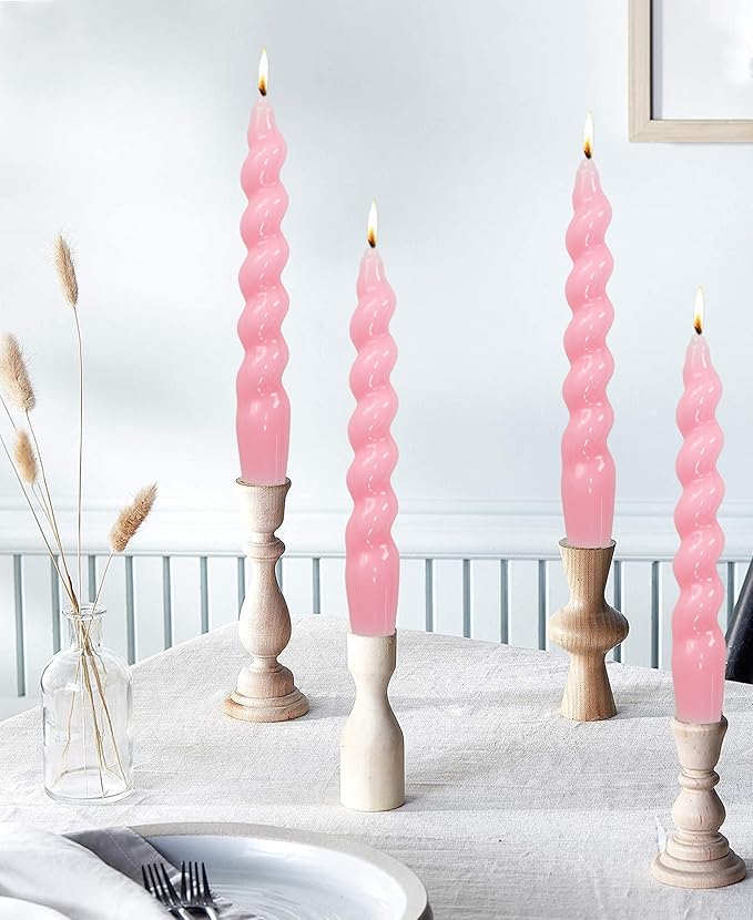 Pink Spiral Taper Dinner Candles Conical Stick Candles Wax Unscented Dinner Candle Dripless for Home Decor, Relaxation Set of 4（7.6" Baby Pink）