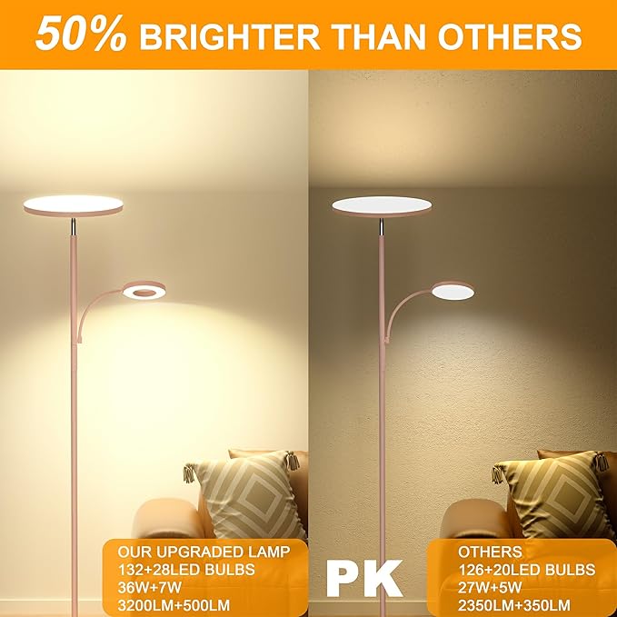 Pink Floor Lamp, 42W 4000LM Super Bright LED Room Lamp with Adjustable Reading Light,Dimmable Modern Standing Lamp with Remote & Touch Control for Room Bedroom Office Floor Light