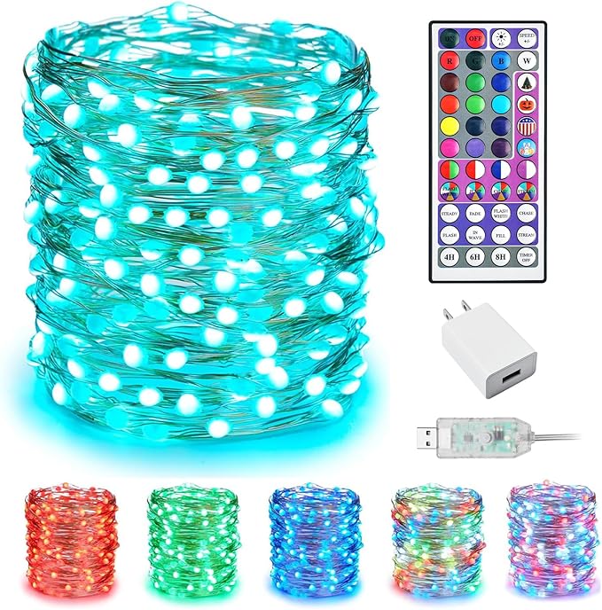 Minetom Upgraded Color Changing Fairy String Lights - 33 ft 100 LED 24 Colors USB Silver Wire Lights with Remote and Timer for DIY Bedroom Party Indoor Christmas Decoration, Adapter Included