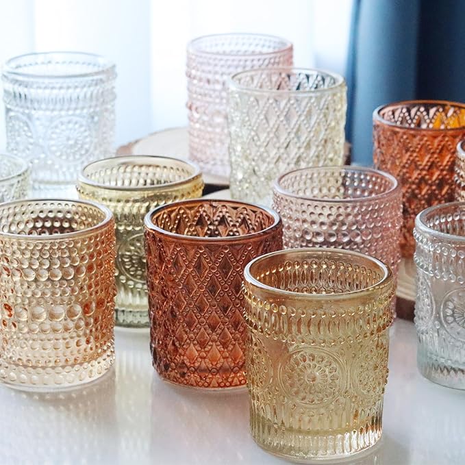 12 pcs Glass Votive Candle Holders, 6 Colors 3 Patterns Tealight Candle Holders for Fall Wedding Table Centerpiece Birthday Decoration