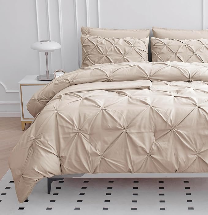 LANE LINEN Twin Comforter Set - 5 Piece Pintuck Twin Bedding Set in A Bag, Pinch Pleat Comforter, Sheets, Pillowcases & Shams - Beige