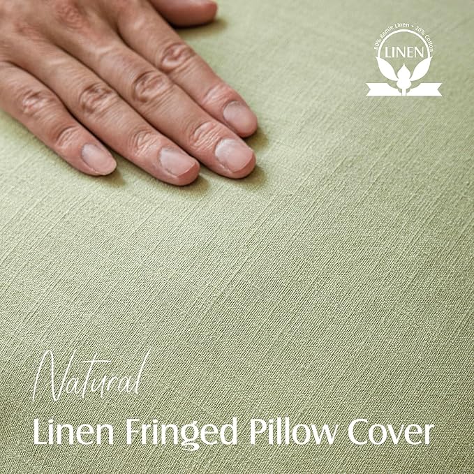 Foindtower Decorative Linen Fringe Throw Pillow Covers Cozy Boho Farmhouse Cushion Cover with Tassels Soft Accent Pillowcase for Chair Sofa Bed Living Room Home Decor, 26×26 Inch, 1PC,Light Sage Green