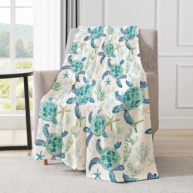 Sea Turtle Blanket - Cute Blue and Green Hues Fleece Throw,Gifts for Kids Girls Boys, Soft & Warm,Lightweight, for Modern Ocean Beach Decor, Marine Life Lovers, and Room Home Accents 40x50in