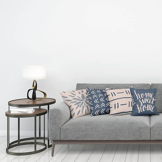 Ambesonne Modern Throw Pillow Cushion Case Pack of 4, Scandinavian Minimal Ornaments Boho Feather Leaves and Home Phrase, Modern Accent Double-Sided Digital Printing, 16", Pale Tan and Slate Blue