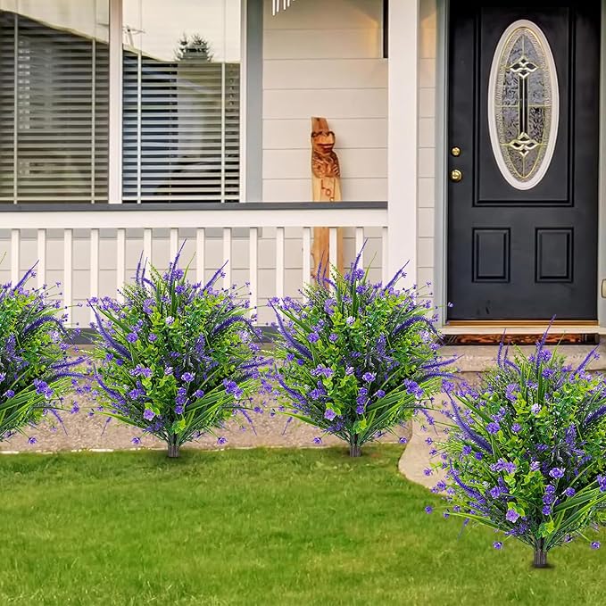 Artificial Boxwood Topiary Ball Trees with Ground Spikes UV Resistant Faux Greenery Shrubs Fake Shrubs for Outdoors, Realistic Faux Plants Bushes for Garden Porch Yard Patio Decor (Purple Flower)