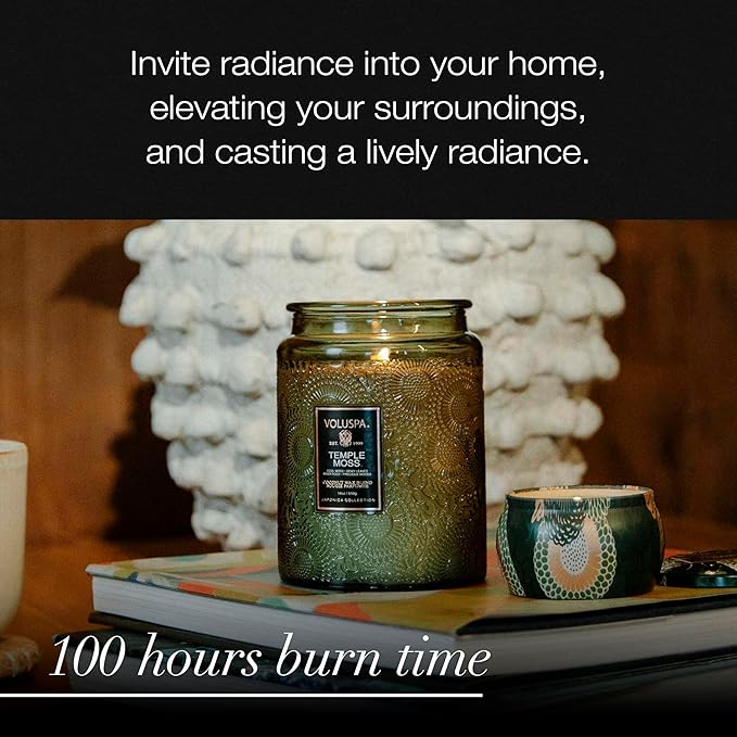 Voluspa Temple Moss, Large Candle Jar, 18oz, Coconut Wax Blend, Scented Candles for Home, 100 Hour Burn Time, Handcrafted in the USA
