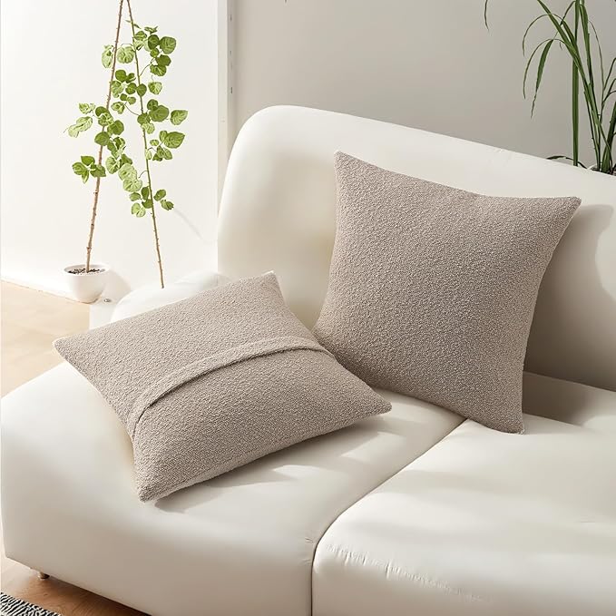 HAUSSY Set of 2 18x18 Decorative Throw Pillow Covers, Soft Cozy Textured Boucle Couch Cases, Home Decor for Couch Bed Living Room, Oatmeal