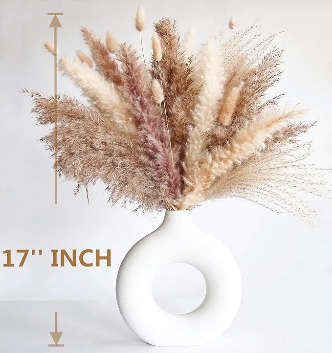 Dried Pampas Grass Decor, 120 PCS Pampas Grass with Bunny Tails Dried Flowers, Reed Grass Bouquet for Wedding, Boho Flowers, Home Table Decor, Rustic Farmhouse Party (White and Brown)