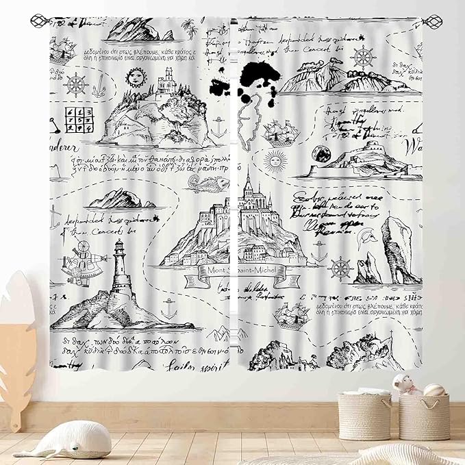 Vintage Nautical Curtains, Marine Coastal Sailboat Compass Anchor Ocean Beach Old Pirate Map Retro Window Drapery Treatments for Bedroom Living Room Kitchen Bathroom 2 Panels, 63"x63" Inch
