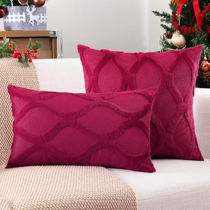decorUhome Christmas Throw Pillow Covers 18x18 Inch Set of 2, Soft Plush Faux Fur Wool Burgundy Couch Pillow Covers, Decorative Neutral Pillow Cases for Bed Sofa Living Room Home Decor