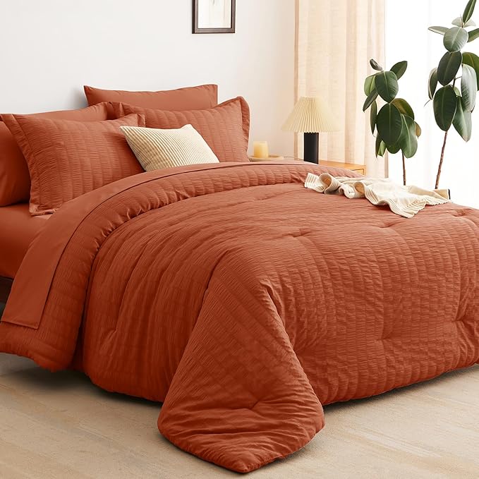 CozyLux King Size Comforter Set Burnt Orange Seersucker 7 Pieces Bed in a Bag King Comforter Set with Sheets Terracotta Luxury Bedding Set with Down Alternative Comforter, Sheets, Pillowcases & Shams
