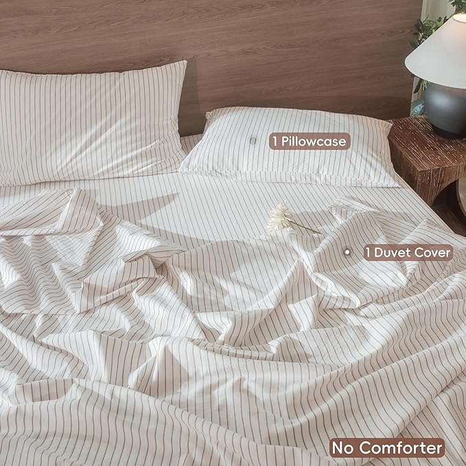 MooMee Striped Duvet Cover Set 100% Washed Cotton Linen Like Textured Breathable Durable Soft Comfy (White Orange Wide Stripes, Twin 68"x90")