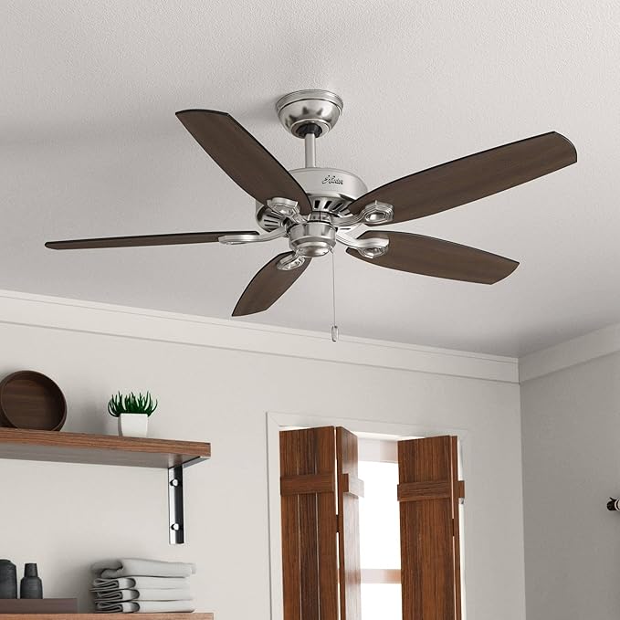 Hunter 52 inch Indoor Ceiling Fan No Light with Pull Chain - Ceiling Fan without Light, Standard Mount, 5 Blades, For Bedroom, Living Room, or Kitchen - Builder Elite 53241, Brushed Nickel