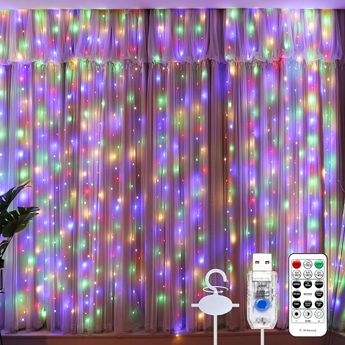 600LED Multicolor Curtain Lights for Bedroom, 19.6ft x 9.8ft Fairy Curtain String Light with 24 Hooks, 8 Modes Hanging Lights for Wedding, Party, Backdrop, Window, Xmas Decor