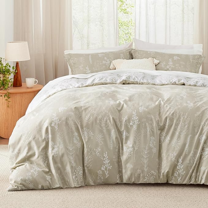 Bedsure King Comforter Set - Linen Bed Set, 3 Pieces Cute Floral Bedding, 1 Soft Reversible Botanical Flowers Comforter and 2 Pillow Shams