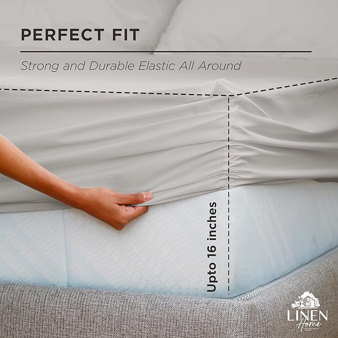 Linen Home 100% Cotton Percale Weave Fitted Sheet, Queen Size, Silver, 1 Deep Pocket Fitted Sheet, Fits Mattress Upto 16" Crisp and Cool Strong Bed Linen, 60"X80"+15"