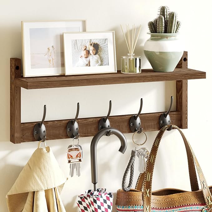 AMBIRD Wall Hooks with Shelf - Wooden Entryway Organizer with 5 Dual Hooks, Retro Wall-Mounted Coat Hook Rack for Bathroom, Living Room, Bedroom (17.12 Inch)