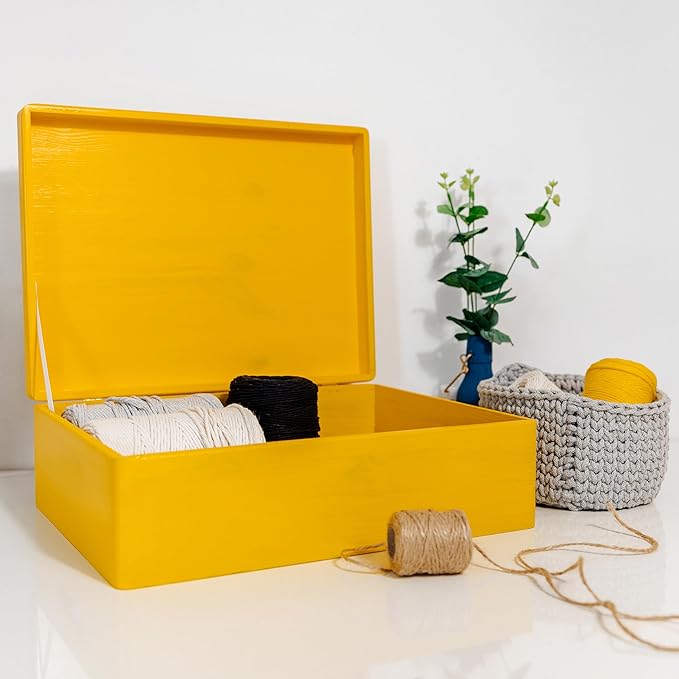 XL Yellow Wooden Box Storage with Hinged Lid | 15.8 x 11.8 x 5.5 inches (+-0.5) | Gift Box for Tool Shoes Clothes Kitchen Storage Document | Wood Keepsake Chest