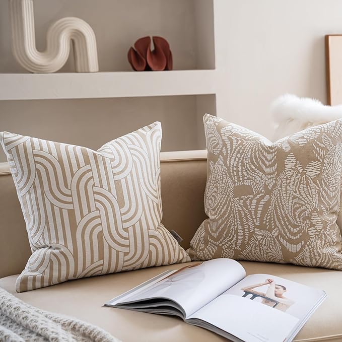 Premium Throw Pillow Covers 22x22 Inches - Oatmeal Zebra Chenille Jacquard Embroidery Decorative Couch Pillow Covers for Living Room Bedroom Sofa Home Décor