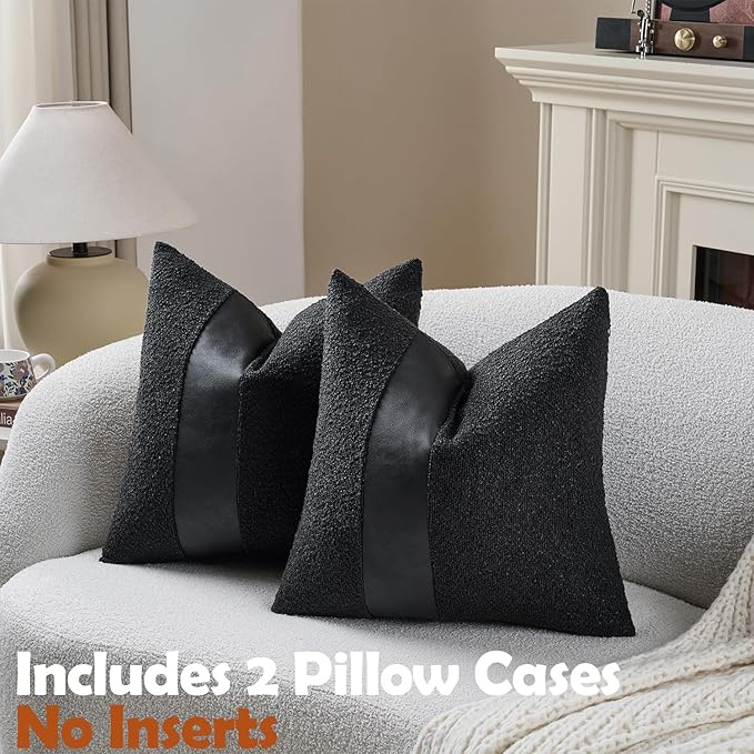 Pack of 2 Faux Leather Boucle Throw Pillow Covers 18"x18" Black Chic Accents Textured Square Decorative Pillow Cases for Living Room Couch Bed Farmhouse Boho Home Decor