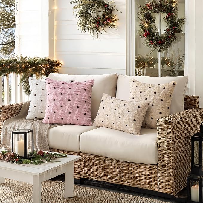 MIULEE Christmas Tree Decorative Pillow Covers Faux Fur Wool Throw Pillows Soft Plush Cushion Covers Set of 2 Xmas Home Decor Winter Holiday for Sofa Couch Livingroom Bed 18x18 Inch Beige