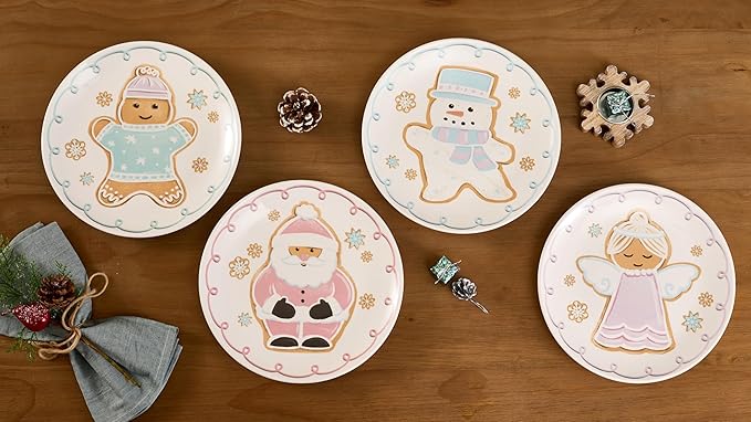 Bico Pastel Gingerbread Man Ceramic 8.75 inch Holiday Salad Plates Set, Set of 4, for salad, appetizer, tapas, Microwave and Dishwasher Safe, Scratch Resistant