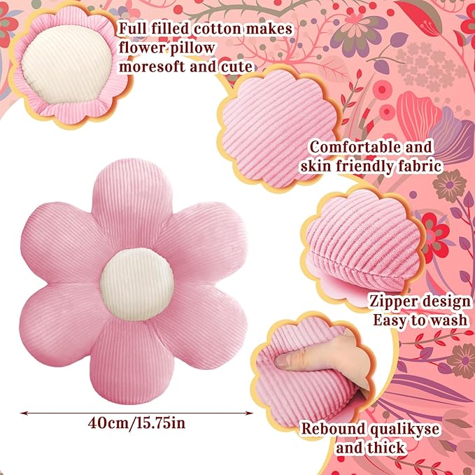 Sratte 3 Pcs Flower Pillows Flower Shaped Throw Pillow Cute Daisy Pillow Seating Cushions for Adults Home Bedroom Sofa Chair Couch Decor(Vivid Colors,16")