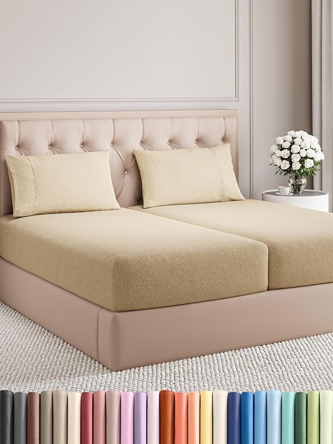 Split King Size 5 Piece Sheet Set - Comfy Breathable & Cooling Bed Sheets Set - Hotel Luxury Bedding for Women, Men, Kids, Teens, Boys & Girls - Deep Pockets & Wrinkle Free - Tan (Heathered Sheets)