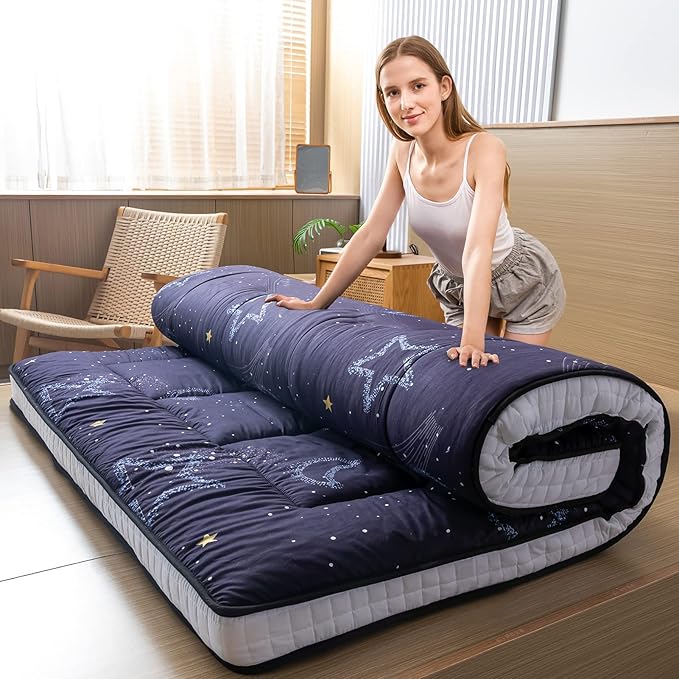 MAXYOYO Black Moon and Star Futon Mattress, Japanese Floor Mattress Quilted Bed Mattress Topper, Extra Thick Folding Sleeping Pad Breathable Floor Lounger Guest Bed for Camping, King