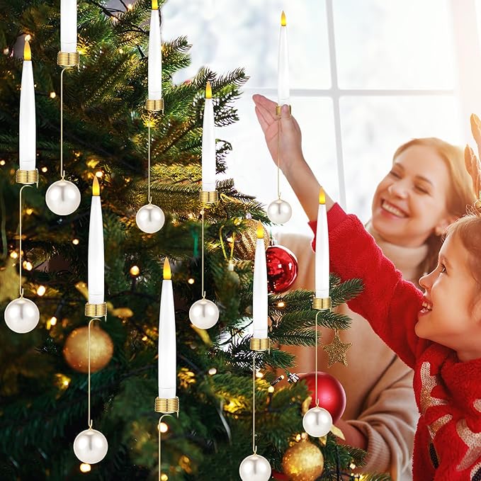 Baquler 24 Pcs Christmas Tree Candles with Remote, Flameless LED Candlesticks Flickering Candles with Pearl Ball Hooks for Xmas Home Wedding Winter New Year Hanging Ornaments Party Supplies