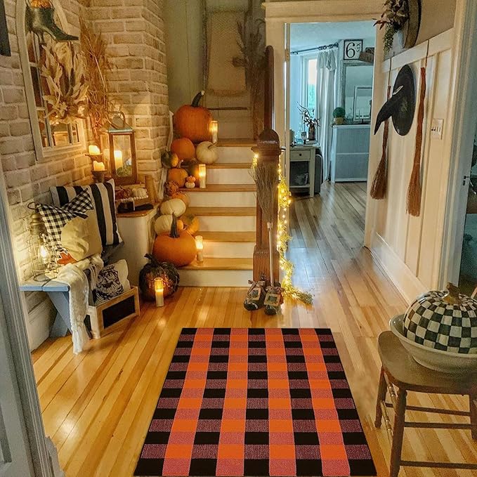 Buffalo Plaid Outdoor Rugs, 3'x5' Orange and Black Checkered Indoor/Outdoor Area Rug, Layering Rug for Hello/Welcome Door Mat, Washable Cotton Woven Farmhouse Mat for Fall Front Porch Décor