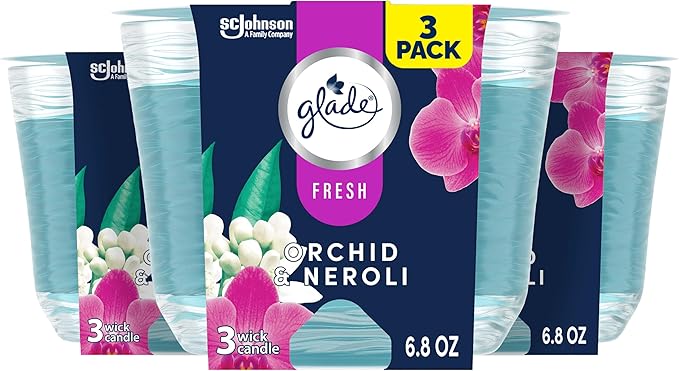 Glade Candle Orchid & Neroli, Fresh Collection, Fragrance Candle Infused with Essential Oils, Air Freshener Candle, 3-Wick Candle, 6.8 Oz, 3 Count