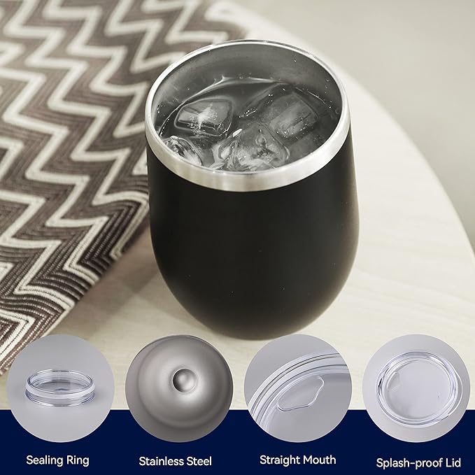 DOMICARE Stainless Steel Wine Tumbler Bulk with Lid, Personalized Insulated Tumblers Set, 12oz Travel Coffee Cups Pack of 12, Black