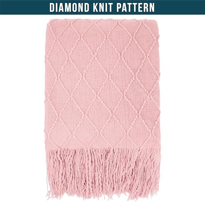 PAVILIA Light Pink Knit Throw Blanket for Couch Bed, Soft Knitted Farmhouse Sofa Throw for Living Room, Lightweight Decorative Summer Throw Blanket for Chair, Outdoor Textured Boho Blanket, 50x60