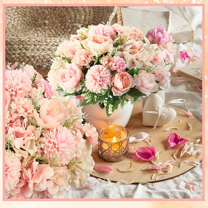 Tigeen Artificial Flowers Artificial Peonies Silk Flowers Faux Peony Fake Peony Silk Hydrangea Bouquet for Wedding Table Centerpiece Floral Vase Decor(Pink,24 Bundles)