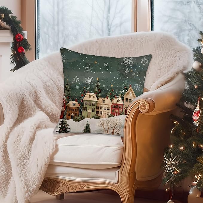 Winter Decorative Rectangle Pillow Cover 18 x 18, Wonderland Forest House Snowflake Vintage Porch Outdoor Pillowcase, Christmas Holiday Seasonal Farmhouse Cushion Case Home Decor