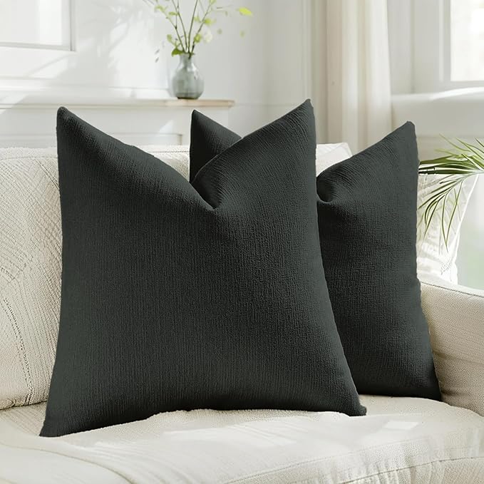 HAUSSY Black Throw Pillow Covers 22x22 Inch Set of 2,Boho Decorative Faux Linen Throw Pillows Cozy Farmhouse Accent Cushion Covers,Home Decor for Couch Sofa Bed Living Room