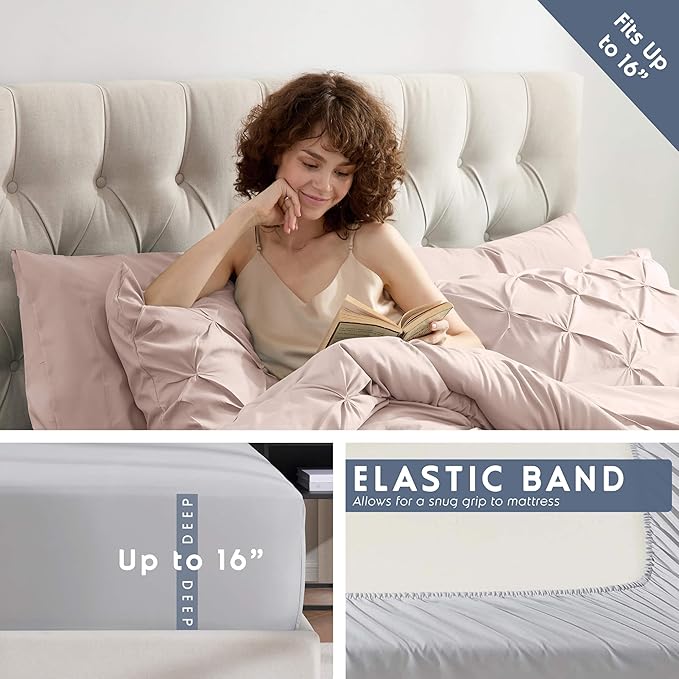 Nestl 7 Piece Comforter Set - Pinch Pleated Bedding Set in Blush Pink, All Season Full Size Bed Set With Sheets, Comforter, Pillowcases and Shams
