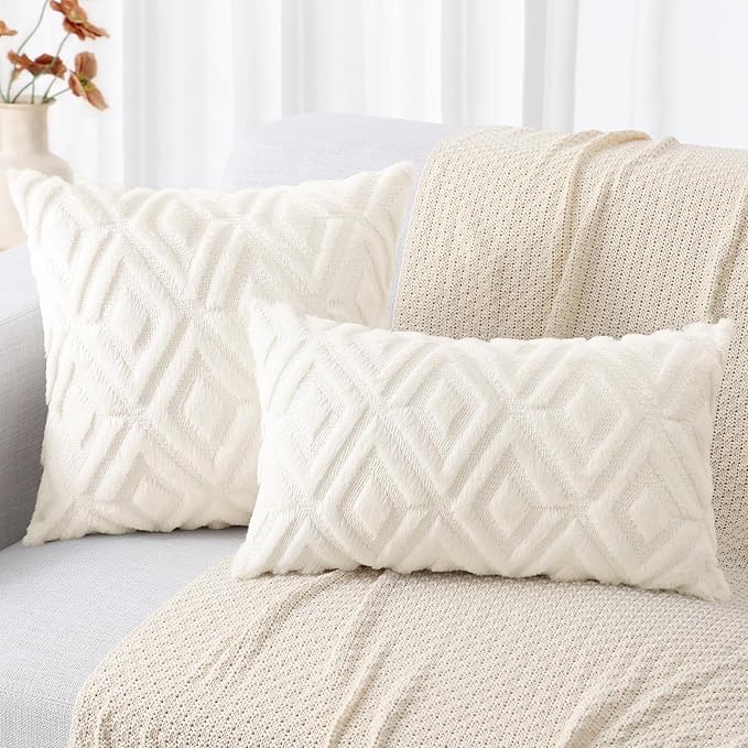 decorUhome Christmas Couch Throw Pillow Covers 12x20 Set of 2, Decorative Soft Plush Faux Wool Lumbar Neutral Accent Pillow Covers for Bed Sofa Living Room, Cream White